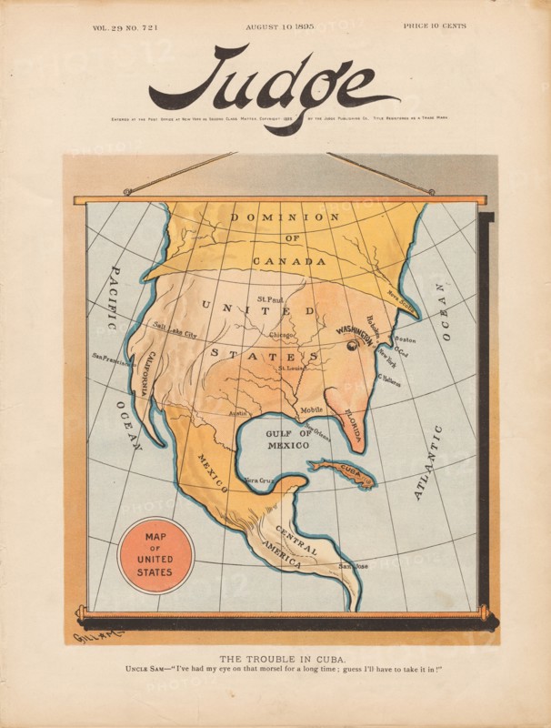 The Trouble In Cuba. Uncle Sam: "I've had my eye on that morsel for a long time guess..., 1895. Creator: Gillam, Bernhard (1856-1896).