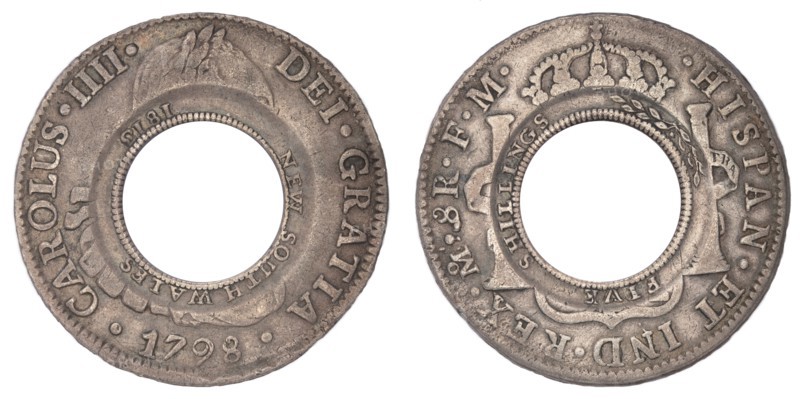 Holey Dollar, New South Wales, minted 1813, from Spanish silver dollar from 1798, 1813. Creator: Numismatic, West European Coins  .
