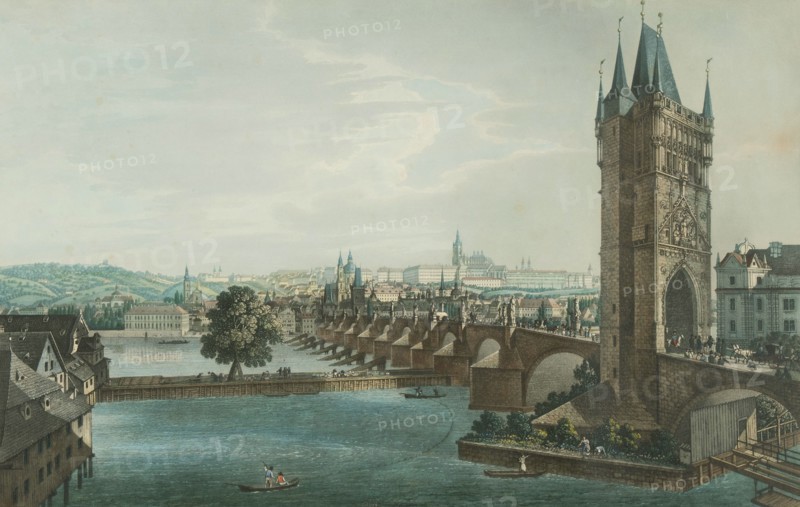 Prague. Hradcany, Lesser Town. Old Town Bridge Tower. View from the southeast, c 1840. Creator: Richter, Carl August (1785-1853).