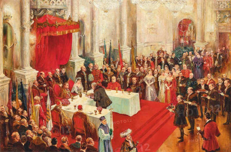 Ceremonial coronation banquet in the Budapest Hofburg with the newly crowned royal...1916, 1917. Creator: Schwormstädt, Felix (1870-1938).