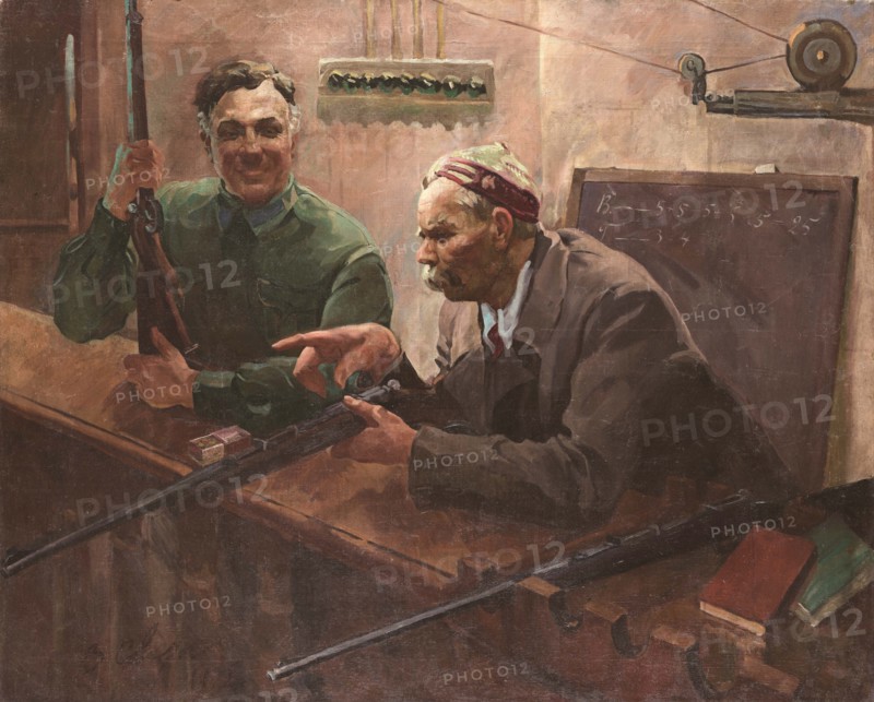 Kliment Voroshilov and Maksim Gorky at the Shooting Range of the Central House of the Red Army, 1935 Creator: Svarog, Vasili Semyonovich (1883-1946).
