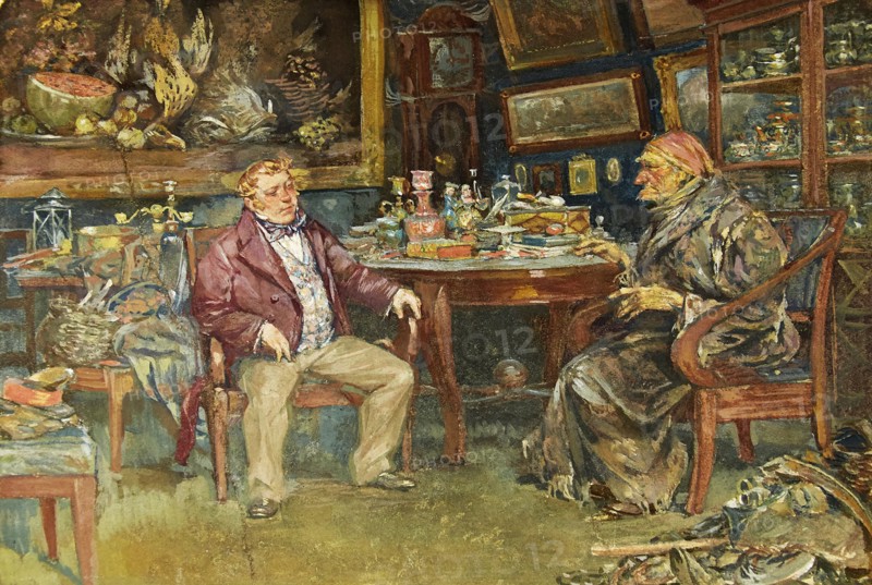 Chichikov at the house of Plyushkin. Illustration for the novel "Dead Souls" by N. Gogol, 1930. Creator: Topikov (Pravednikov), Evtikhy Ivanovich (1890-1945).