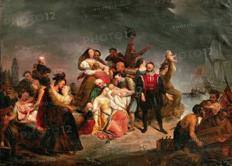 The farewell to America or The Boarding the Mayflower. Creator: Wappers, Gustave (1803-1874).