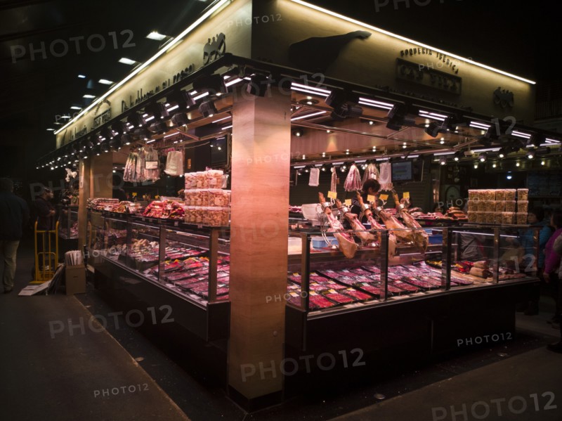 A charcuterie stall at La Bouqueria, Barcelona, Spain, 2020. Creator: Ethel Davies.