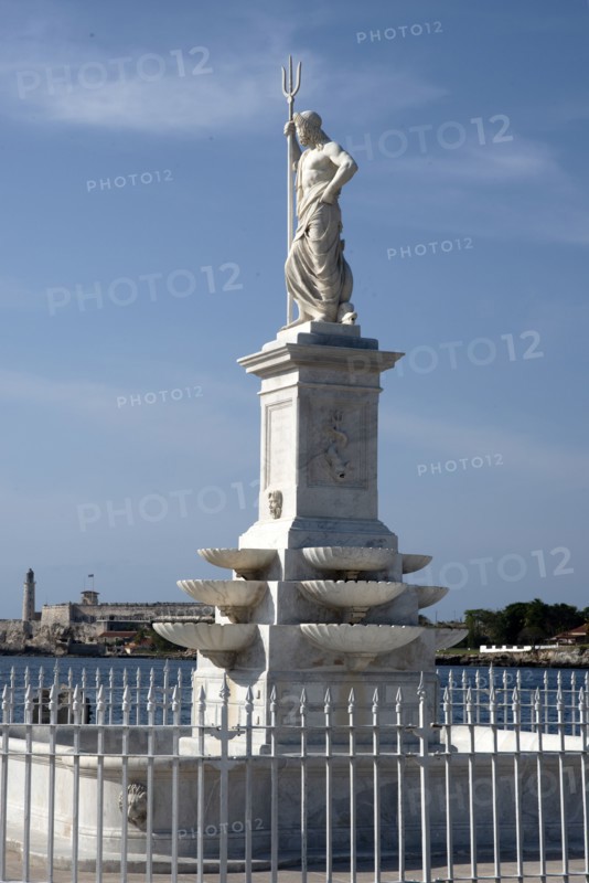 The Fountain of Neptune on the famous Malecon, or seafront promenade, Havana, Cuba, 2024. Creator: Ethel Davies.