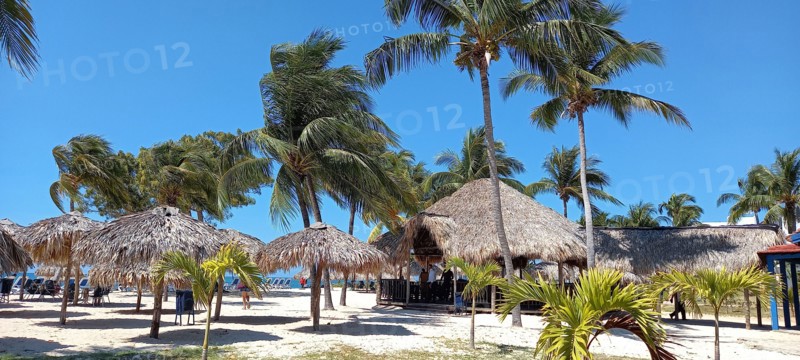 Thatched umbrellas and restaurant at the beach resort of Playa Ancon, south of Trinidad, Cuba, 2024. Creator: Ethel Davies.