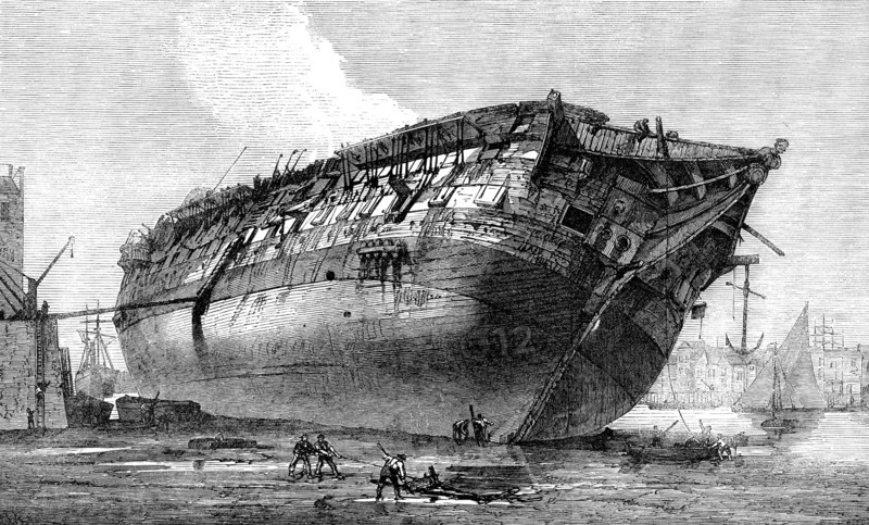 Breaking-up H.M.S. Queen at Rotherhithe, 1871. Creator: Unknown.