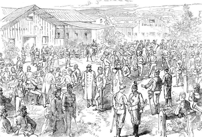 Sketch in the Austrian camp at Bruck: evening amusements, 1871. Creator: Unknown.