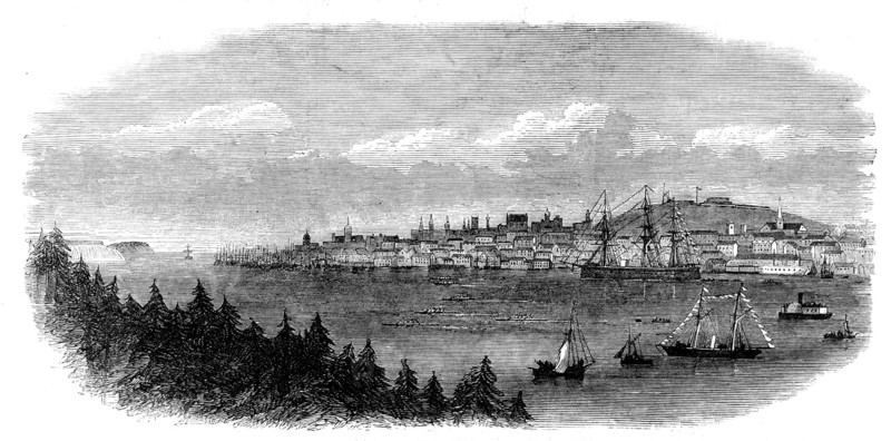 Regatta at Halifax, Nova Scotia - the four-oared race to M'Nab's Island: view from Dartmouth, 1871. Creator: Unknown.