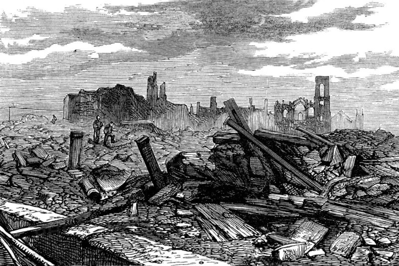 Ruins of Chicago after the Fire: Porter Palmer's Block; Field and Leiter's Stores, 1871. Creator: Unknown.