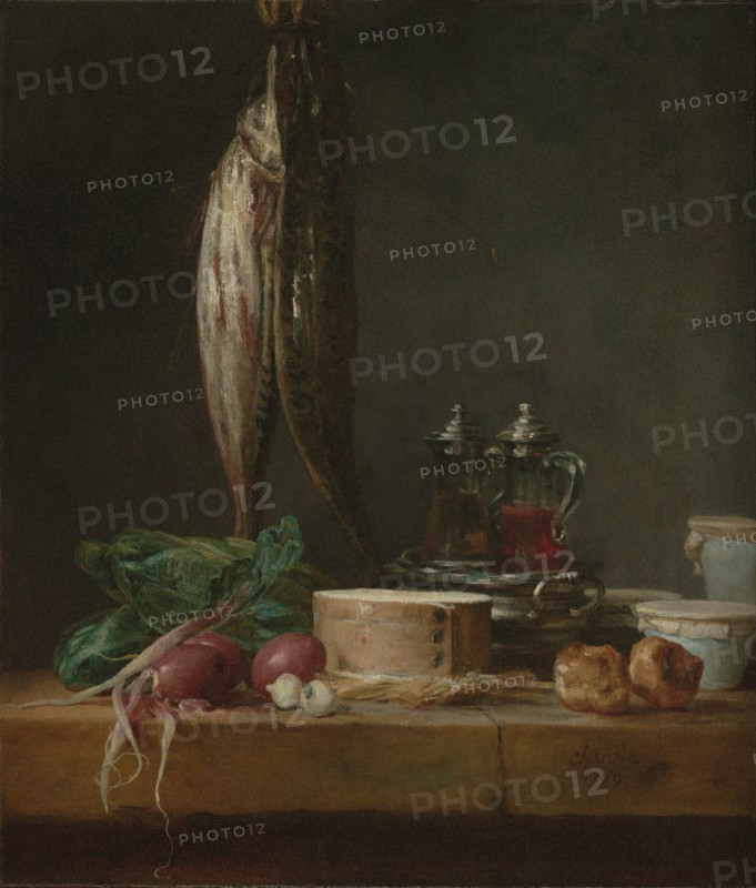 Still Life with Fish, Vegetables, Gougères, Pots, and Cruets on a Table, 1769. Creator: Jean-Simeon Chardin.