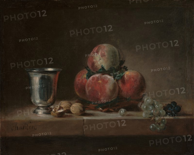 Still Life with Peaches, a Silver Goblet, Grapes, and Walnuts, about 1759-1760. Creator: Jean-Simeon Chardin.
