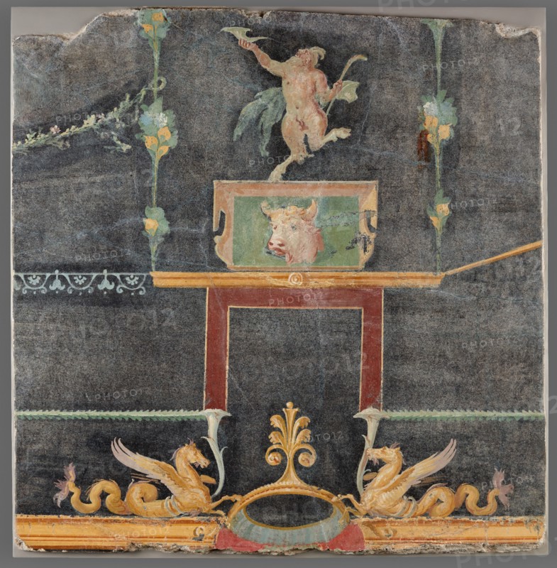 Wall Fragment with Dancing Satyr, Hippocamps, and other Decorative Motifs on Black Ground, AD 50-79. Creator: Unknown.