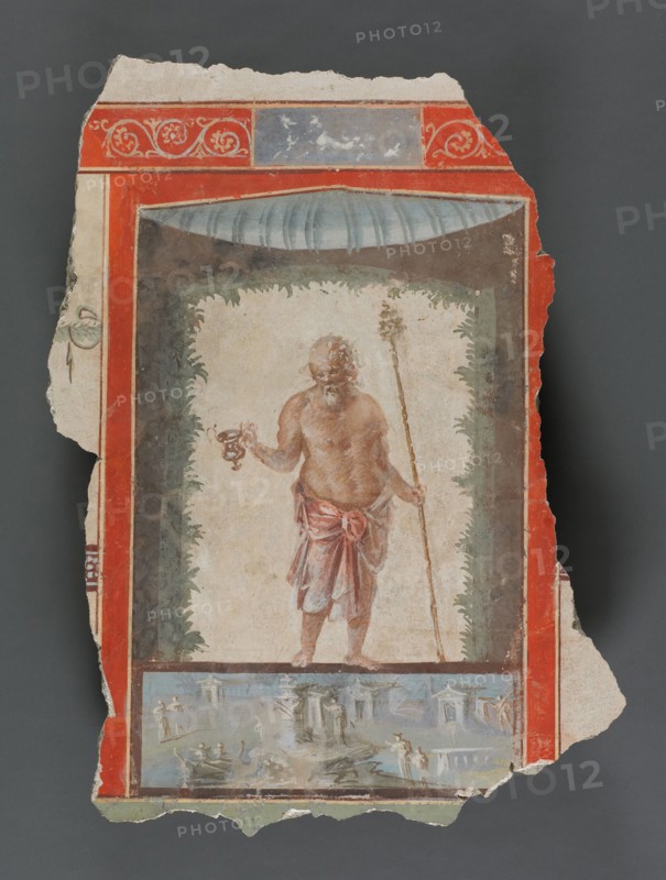 Fresco Fragments Depicting an Old Silenus with Kantharos and Thyrsus, A.D. 1-79. Creator: Unknown.
