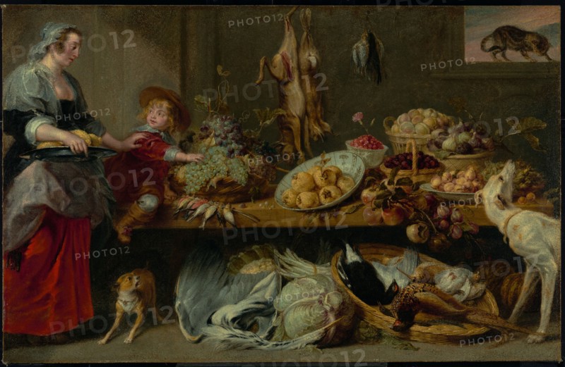 Larder Still Life with Housekeeper and Young Boy, 1636-1638.  Creators: Frans Snyders, Workshop of Peter Paul Rubens, Workshop of Frans Snijders.