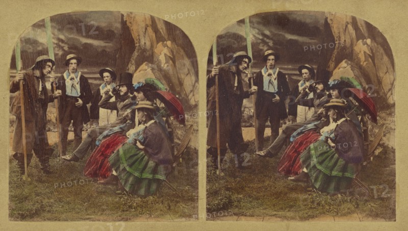 Genre scene: well-dressed group talking to a peasant, about 1865. Creator: London Stereoscopic & Photographic Co.