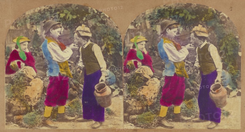 One boy feeding another, little girl looking on, about 1860. Creator: New York Stereoscopic Company.