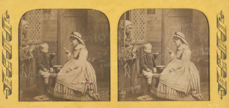 Groupes Petites Scenes: little girl and boy eating on a bench, mother watching from..., 1855-1865. Creator: Cyrus Anatole Pougnet.