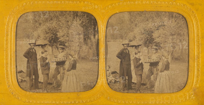 Family portrait at a picnic, about 1868. Creator: E Lamy.