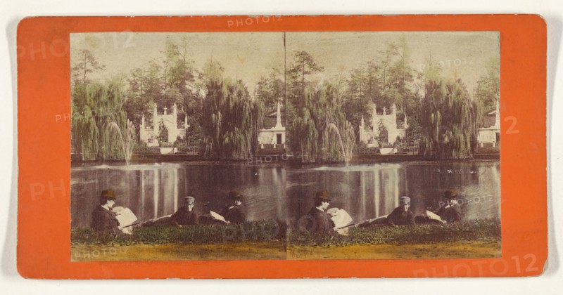 Greenwood Cemetery. Crescent Lake and Fountain., about 1869. Creator: E. & H.T. Anthony.