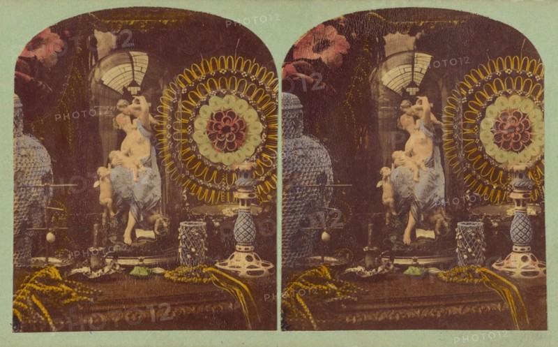 Top of a vanity filled with objects, about 1857. Creators: London Stereoscopic & Photographic Co, Joseph John Elliott.