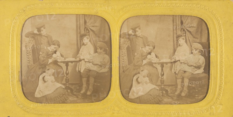 Genre scene: family in parlor, 1855-1865. Creator: Jules Marinier.
