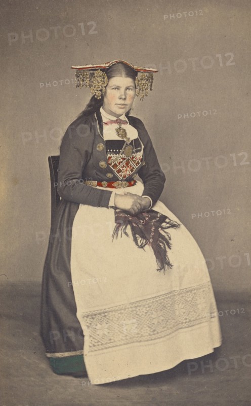 Brud fra Vos. woman in traditional Norwegian costume, July 1, 1870. Creator: Knud Knudsen.