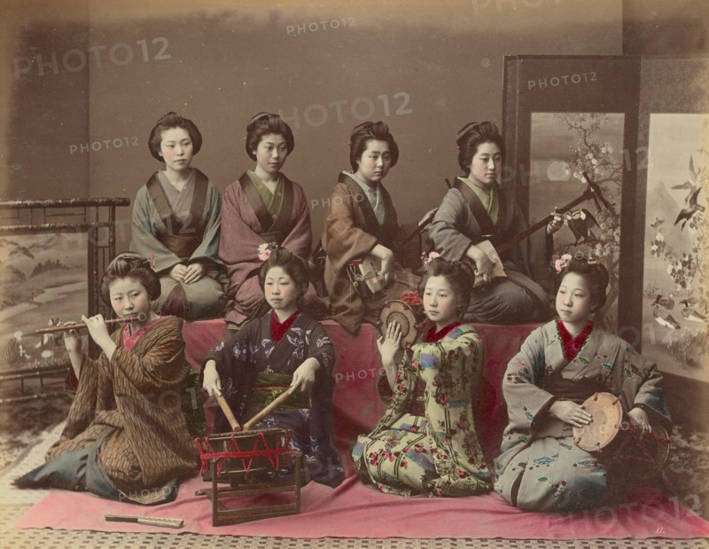 Playing Samisen, Tsudzumi, Fuye and Taiko, 1870s-1890s. Creator: Kusakabe Kimbei.