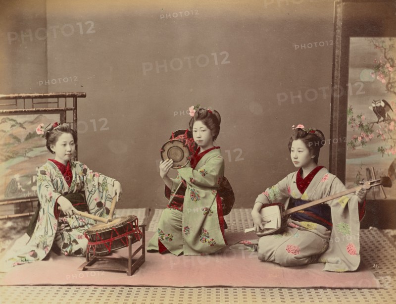 Girls Playing Samisen and Fluya, 1870s-1890s. Creator: Kusakabe Kimbei.