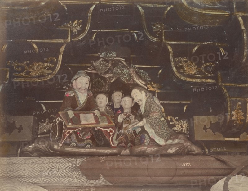Carving Images, in the Top of the Great Gate, at Nikko, 1870s-1890s. Creator: Kusakabe Kimbei.