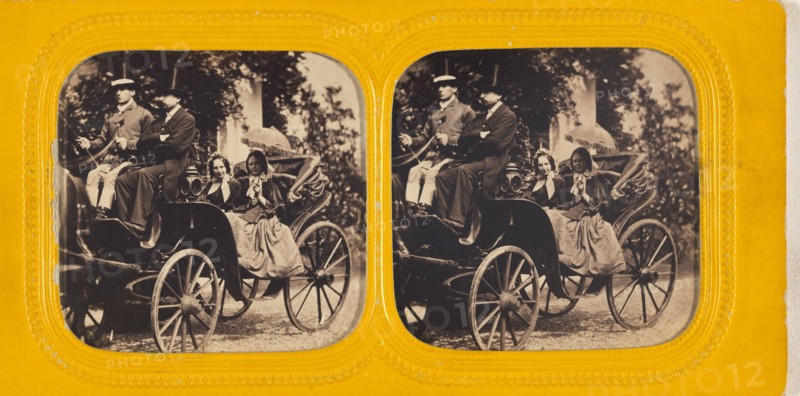 Two ladies in horse-drawn coach with two men in top hats as their drivers, November 1864. Creator: LeBas.