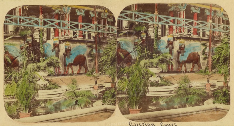 Crystal Palace - The Assyrian Court, viewed from beyond the Fountain Basin, 1850s. Creator: London Stereoscopic & Photographic Co.