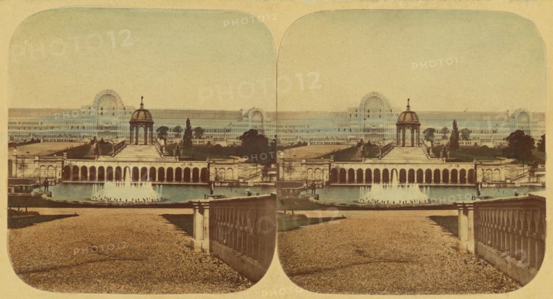 Crystal Palace - General View of The Palace, Cascades and Lower Fountains, 1850s. Creator: London Stereoscopic & Photographic Co.