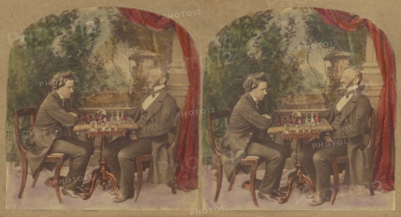 Mr. Paul Morphy, The great American Chess Player, And M. Lowenthal, President of..., about 1858. Creator: London Stereoscopic & Photographic Co.