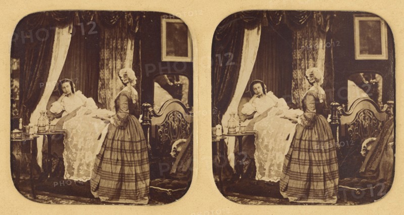 Genre scene: two women in a bedroom, one in bed, 1855-1860. Creator: Unknown.