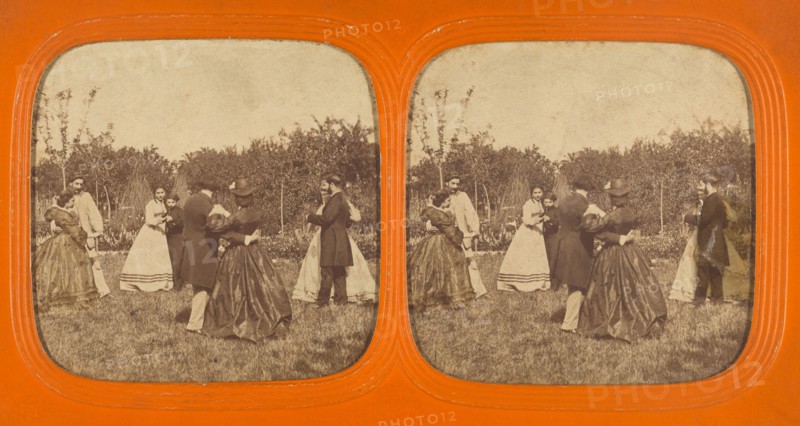 Group of well-dressed couples dancing outside, 1855-1860. Creator: Unknown.