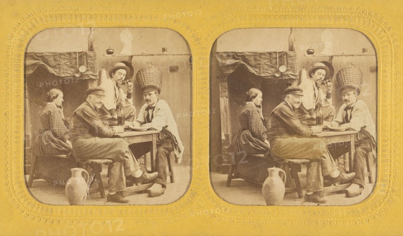 Three men and a woman seated at a table drinking, 1855-1860. Creator: Unknown.