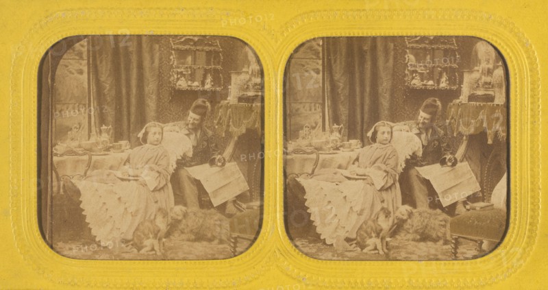 Genre scene: woman at table to feet propped on chair, man in hat next to her, dog and...1855-1860. Creator: Unknown.