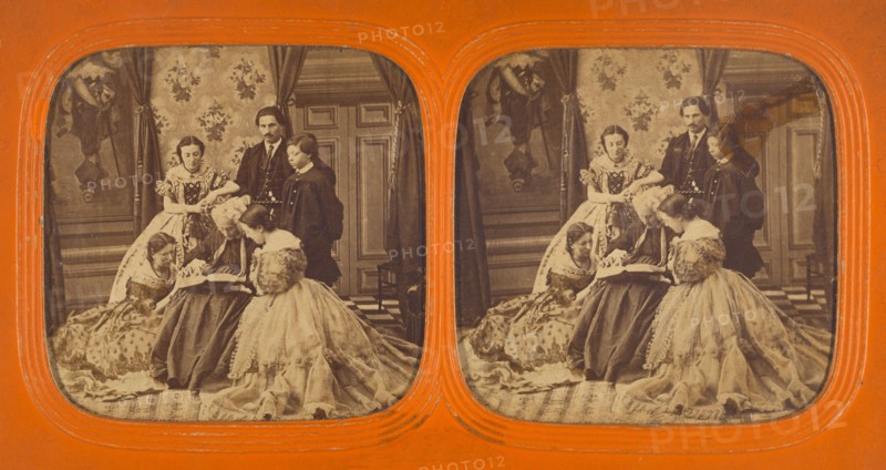 Family scene in parlor: elder woman reading to group, 1855-1860. Creator: Unknown.
