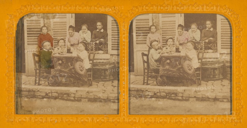 Three children playing at being grown-up; women watching, 1855-1860. Creator: Unknown.