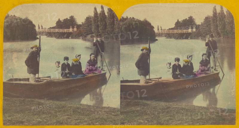 Family in rowboat on river, two rowers with them, about 1855-1860. Creator: Unknown.