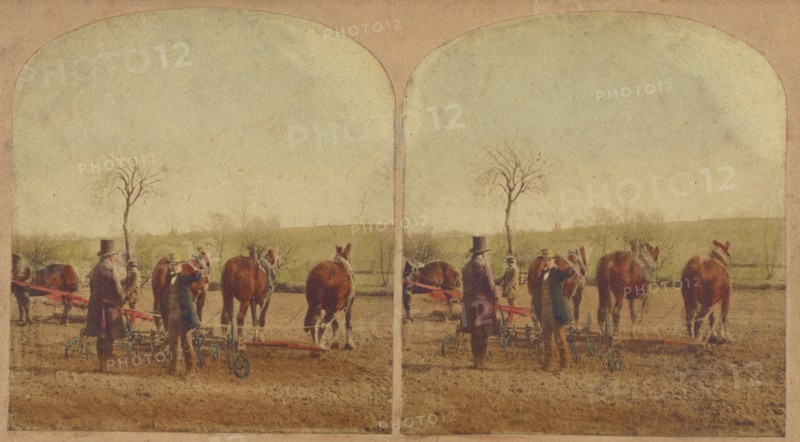 Two men in field with an agricultural machine hooked up to a team of horses, about 1865. Creator: Unknown.
