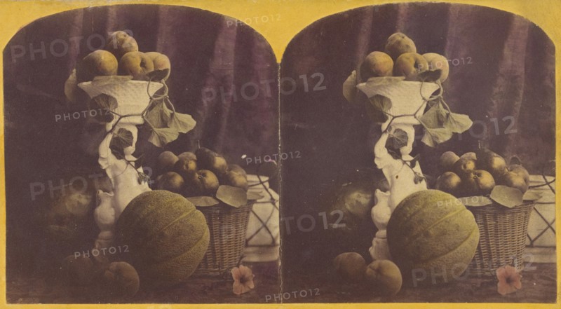 Basket and vase filled with fruit, cantalope at base, about 1865. Creator: Unknown.