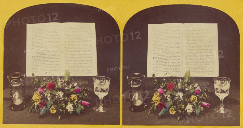 Still life of flower arrangement, hourglass, goblet and Bible opened to Psalms Xix and XX,about 1865 Creator: Unknown.