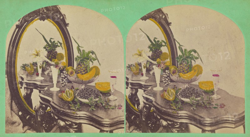 Still life of fruits on a table with mirror, about 1865. Creator: Unknown.