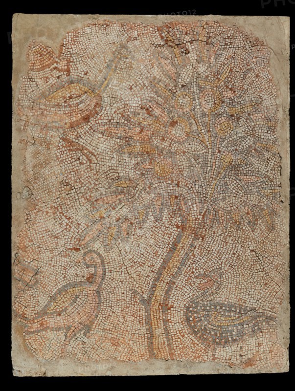 Mosaic Fragment with Three Birds and a Tree, 5th-6th century. Creator: Unknown.