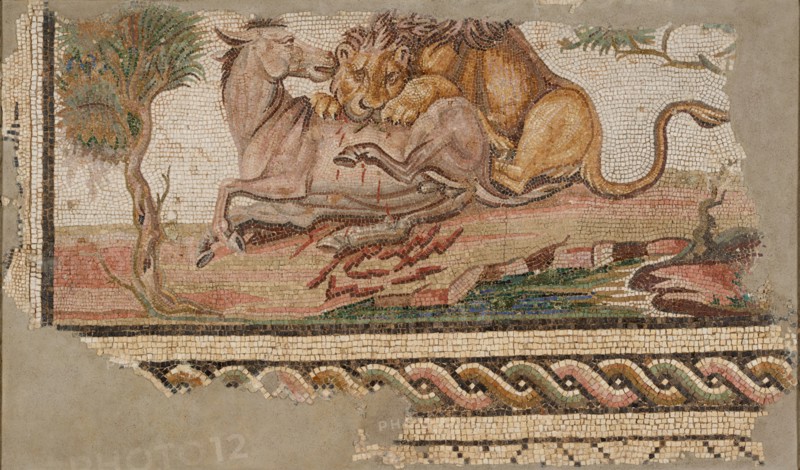 Mosaic of a Lion Attacking an Onager, A.D. 150-200. Creator: Unknown.