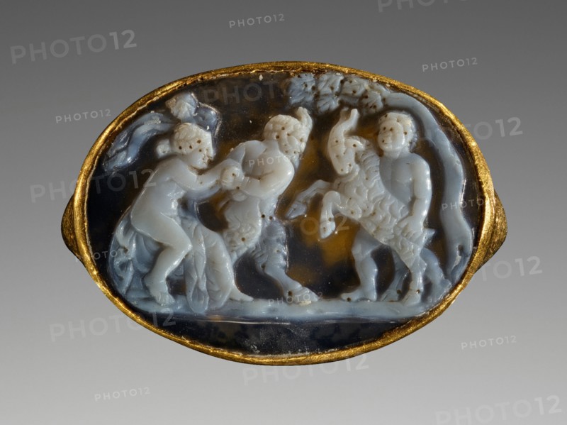 Cameo with Pan, a Maenad, a Satyr and a Goat inset Into a Ring, 25-1 B.C. Creator: Unknown.
