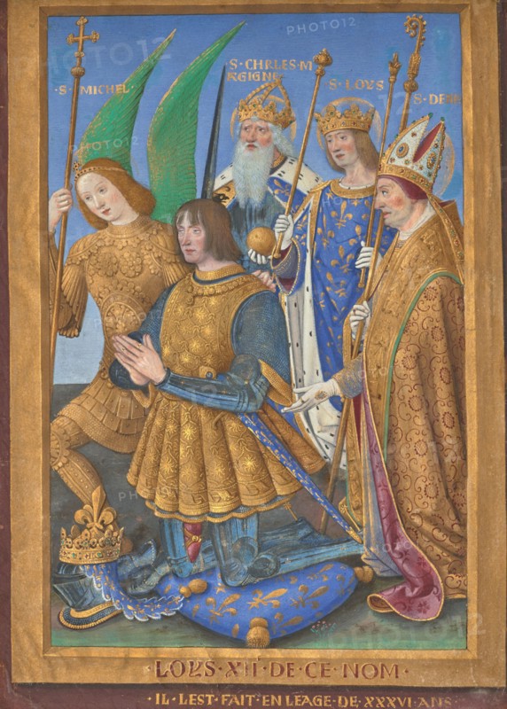 Louis XII Kneeling in Prayer Accompanied by Saint Michael, Saint Charlemagne..., 1498/1499. Creator: Jean Bourdichon.