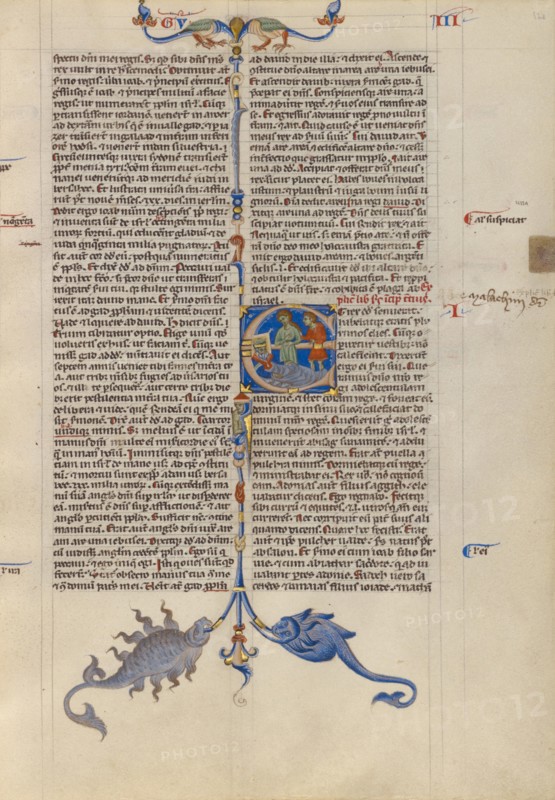 Initial E: Abishag before David on His Deathbed; Abbey Bible, about 1250-1262. Creator: Unknown.